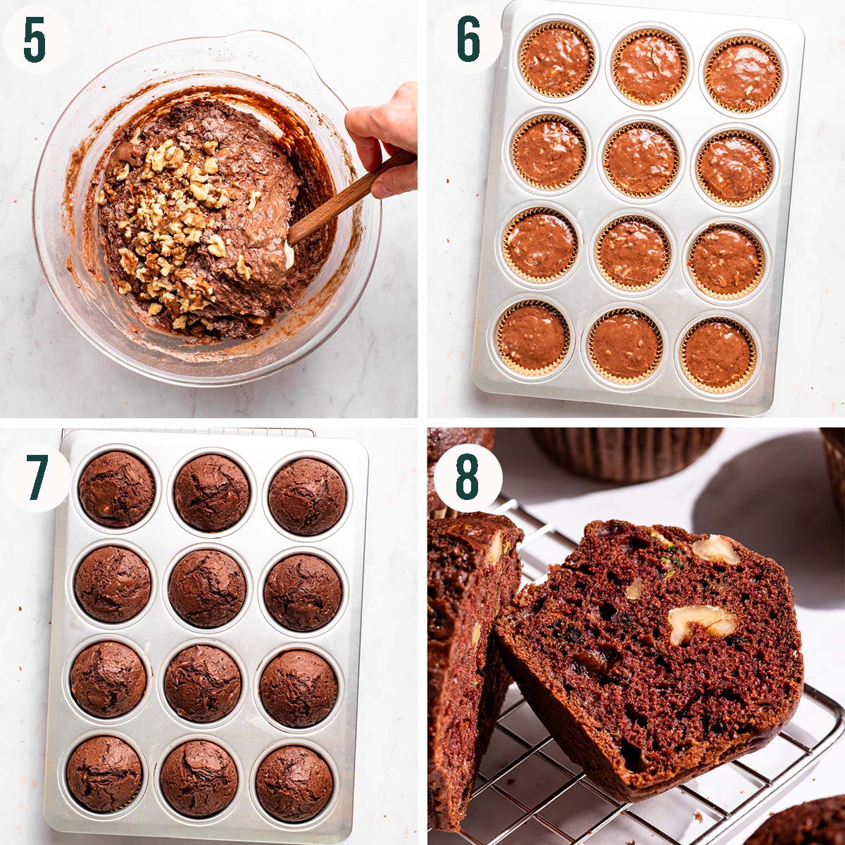 Muffins steps 1 to 4, mixing in nuts, before and after baking, and on the cooling rack.