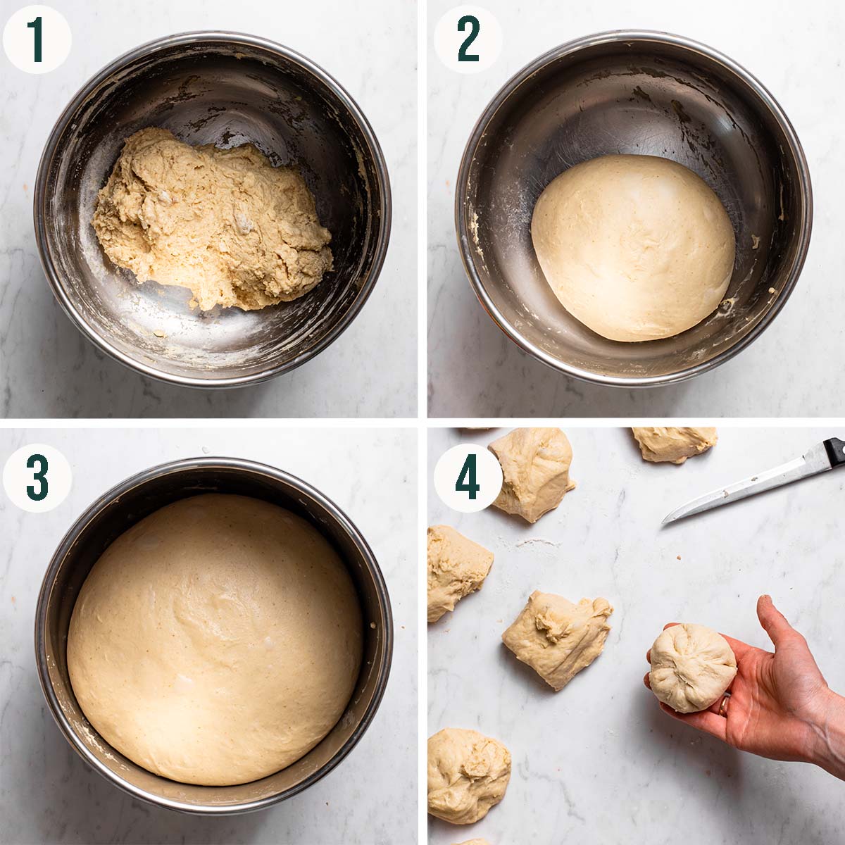 Buns steps 1 to 4, dough before and after kneading, after rising, and shaping.