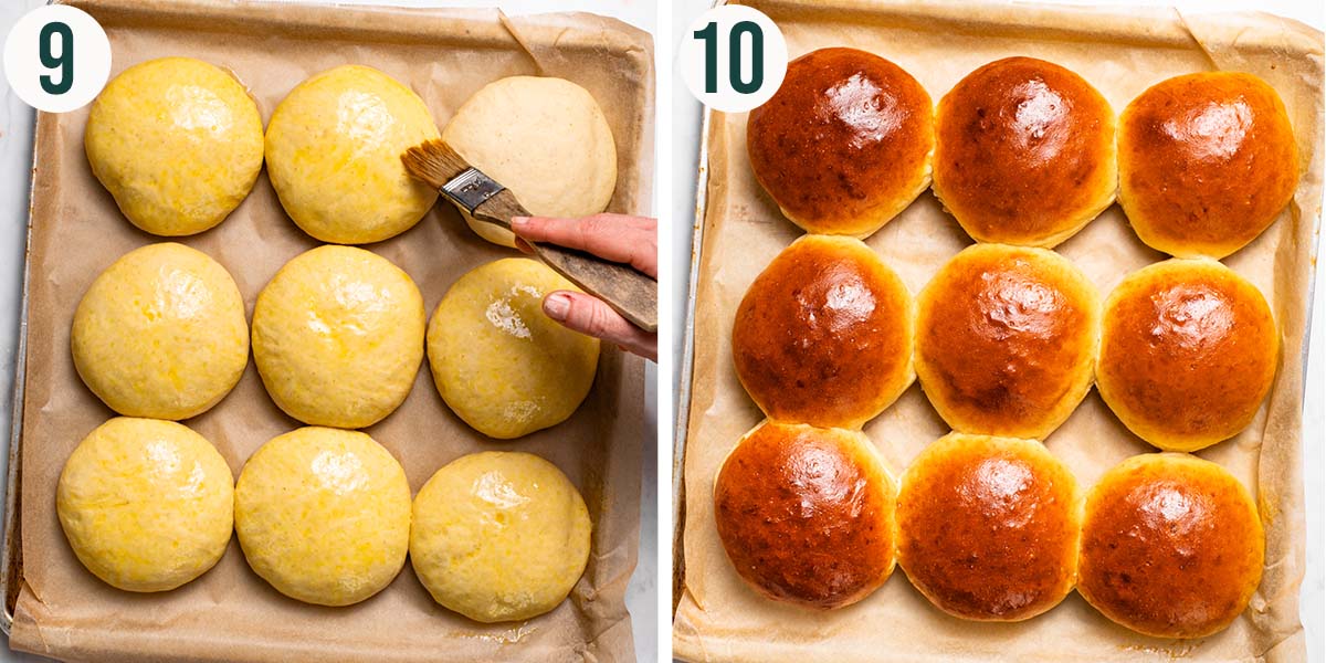Buns steps 9 and 10, adding egg wash and after baking.