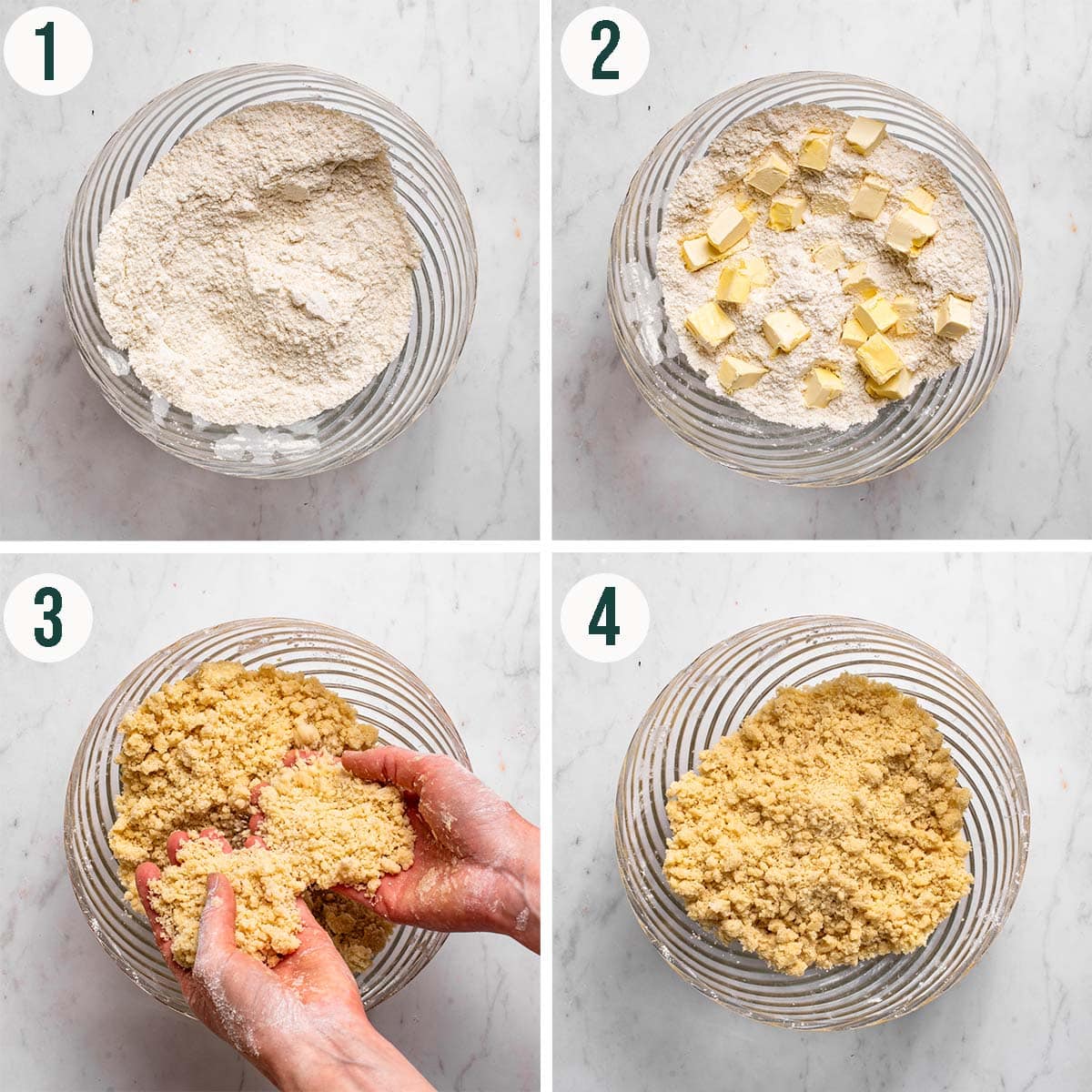 Streusel steps 1 to 4, mixed dry ingredients, butter added, mixing with hands, and finished streusel.