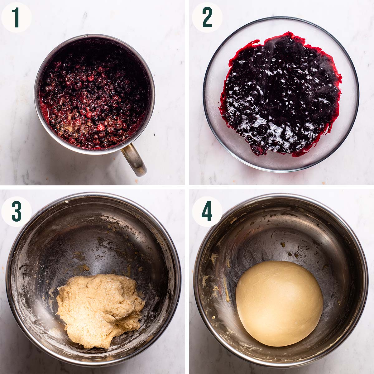 Cinnamon rolls steps 1 to 4, blueberry jam, dough before and after kneading.