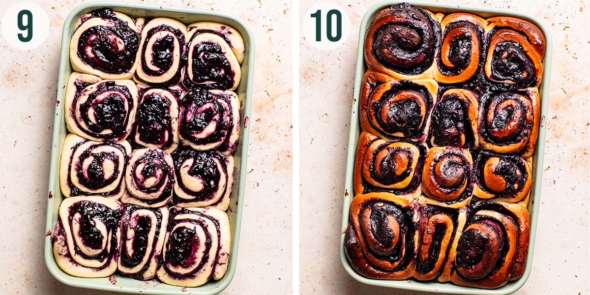 Cinnamon rolls steps 9 and 10, before and after baking.