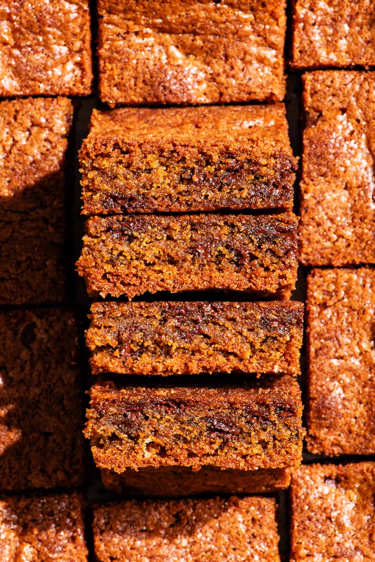 Four cookie bars turned up to show interior texture, with other bars around.