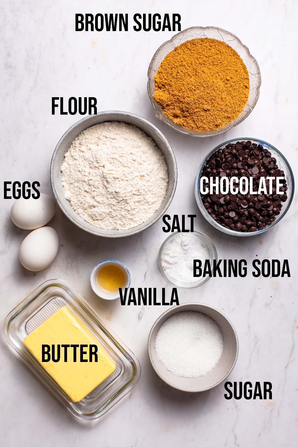 Brown butter cookie bars ingredients with labels.