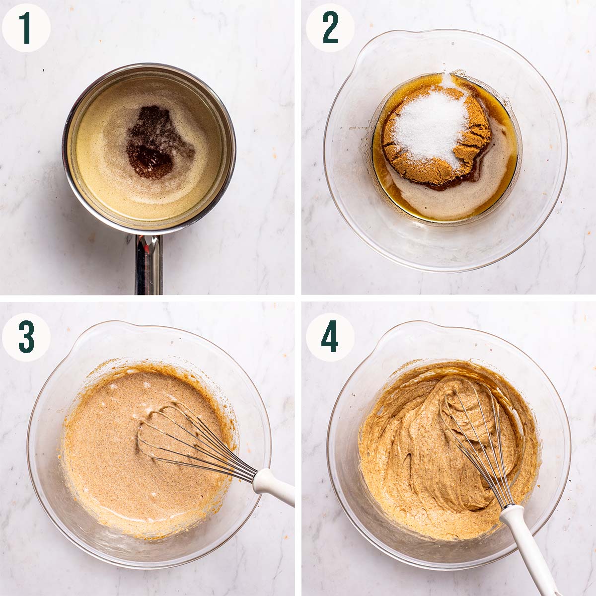 Bars steps 1 to 4, browned butter, wet ingredients in a bowl, mixed, and eggs whisked in.