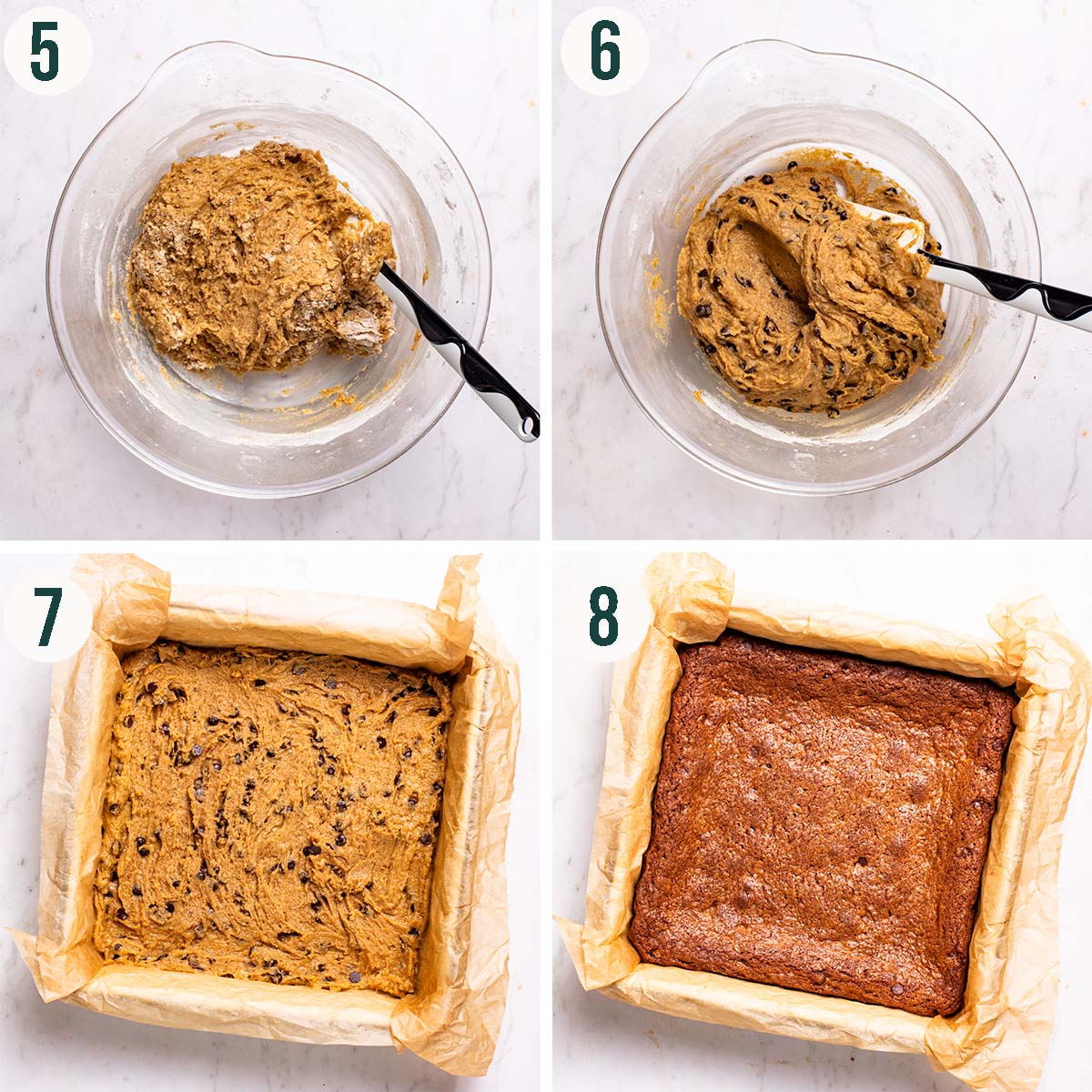 Cookie bars steps 5 to 8, dry ingredients added, finished batter, before and after baking.