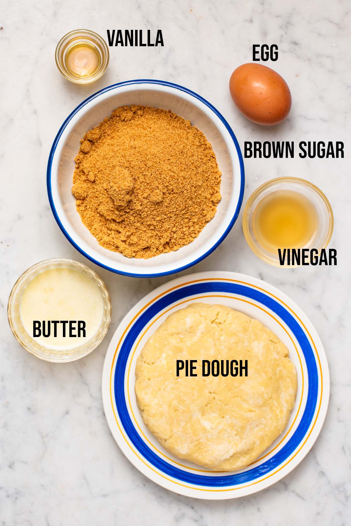 Butter tarts ingredients with labels.