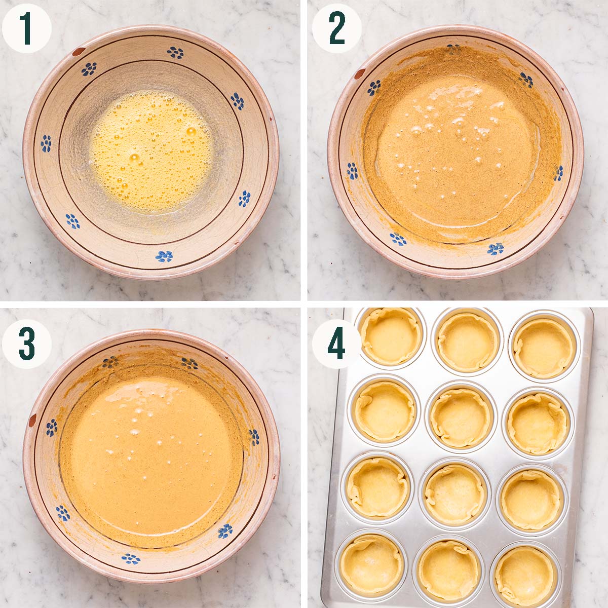 Tarts steps 1 to 4, mixing the filling, finished filling mixture, and pastry pressed into muffin cups.