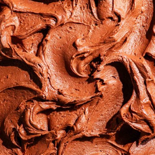 Close up of chocolate frosting swirls.