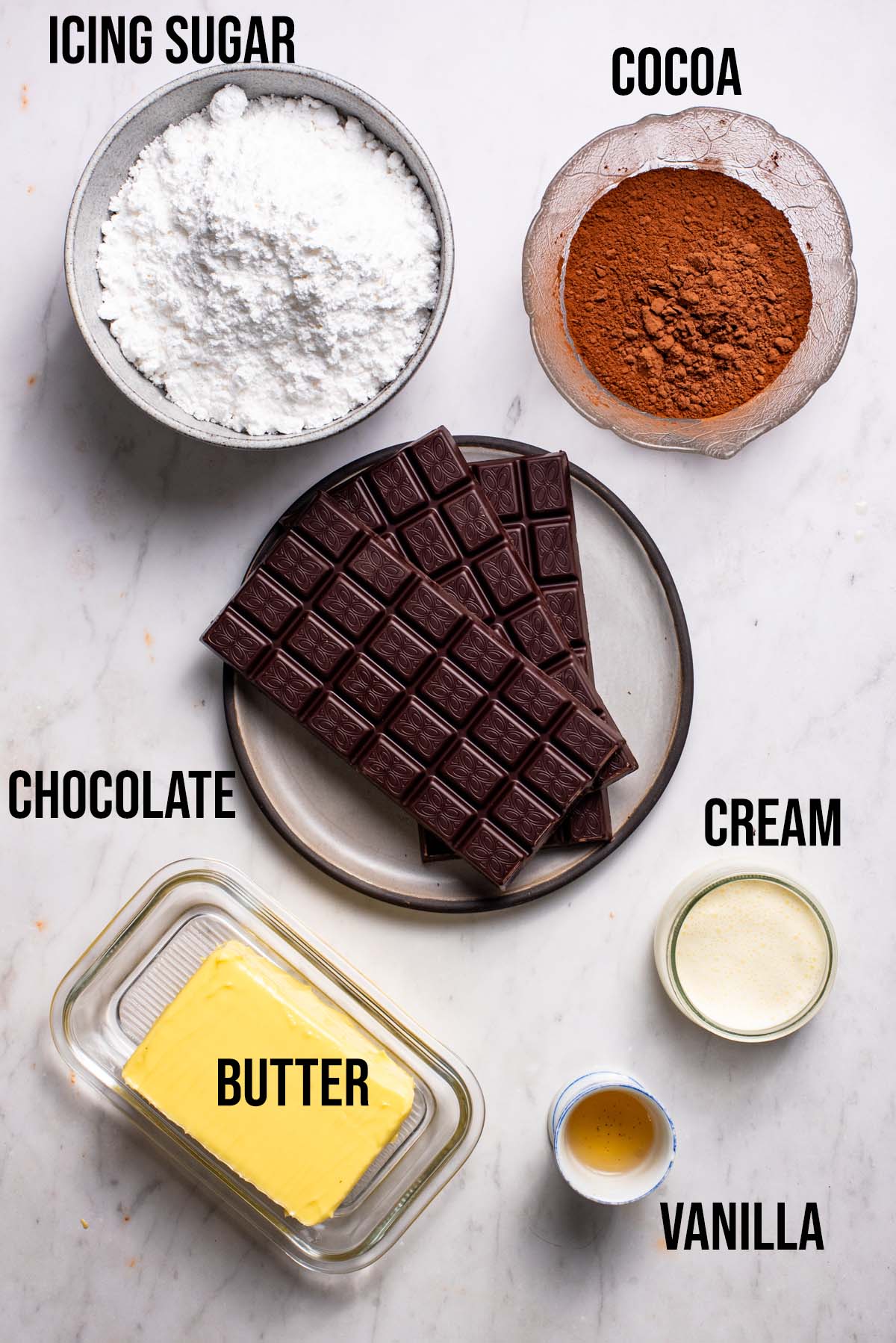 Chocolate buttercream ingredients with labels.
