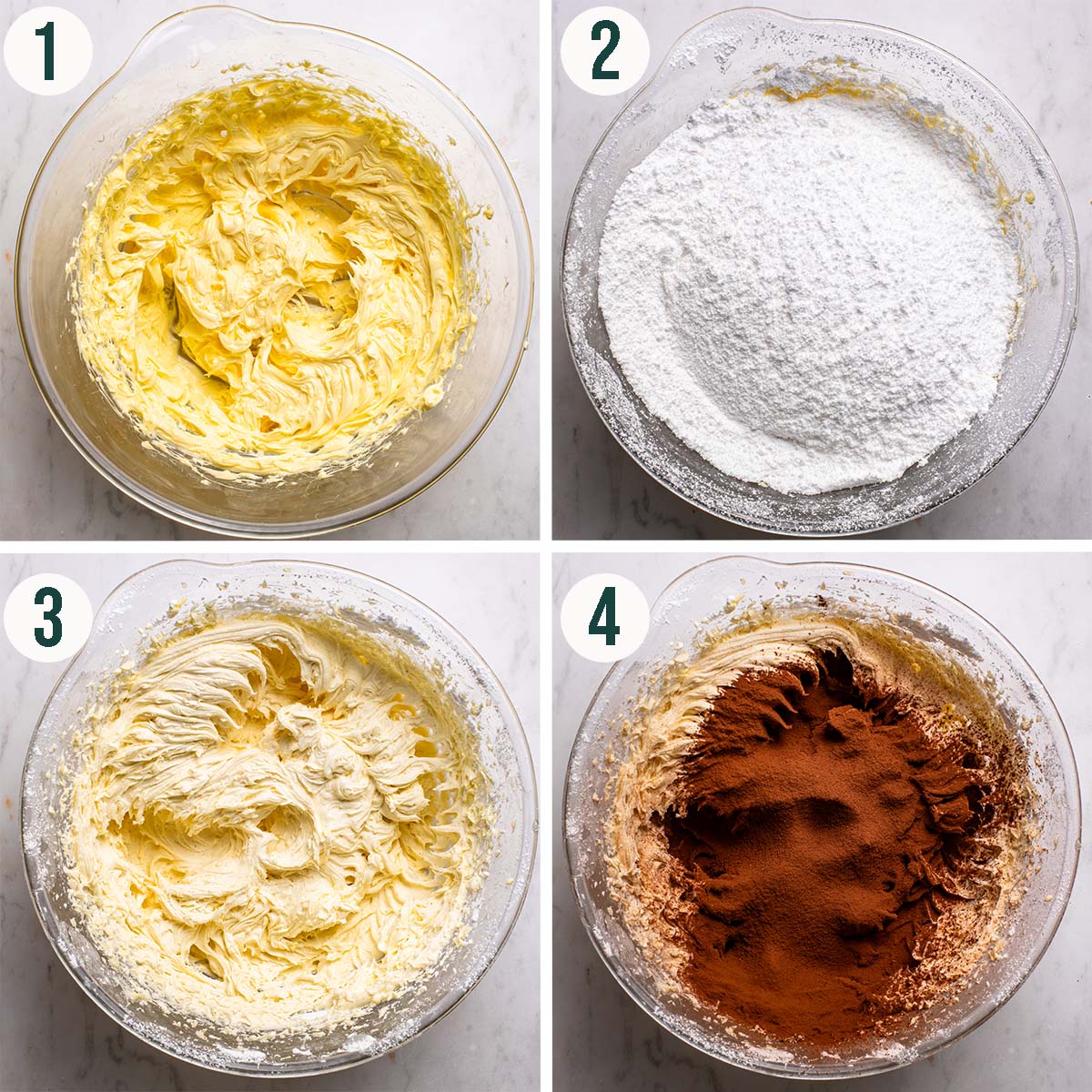 Frosting steps 1 to 4, whipped butter, sifted icing sugar, mixed frosting, and cocoa added.