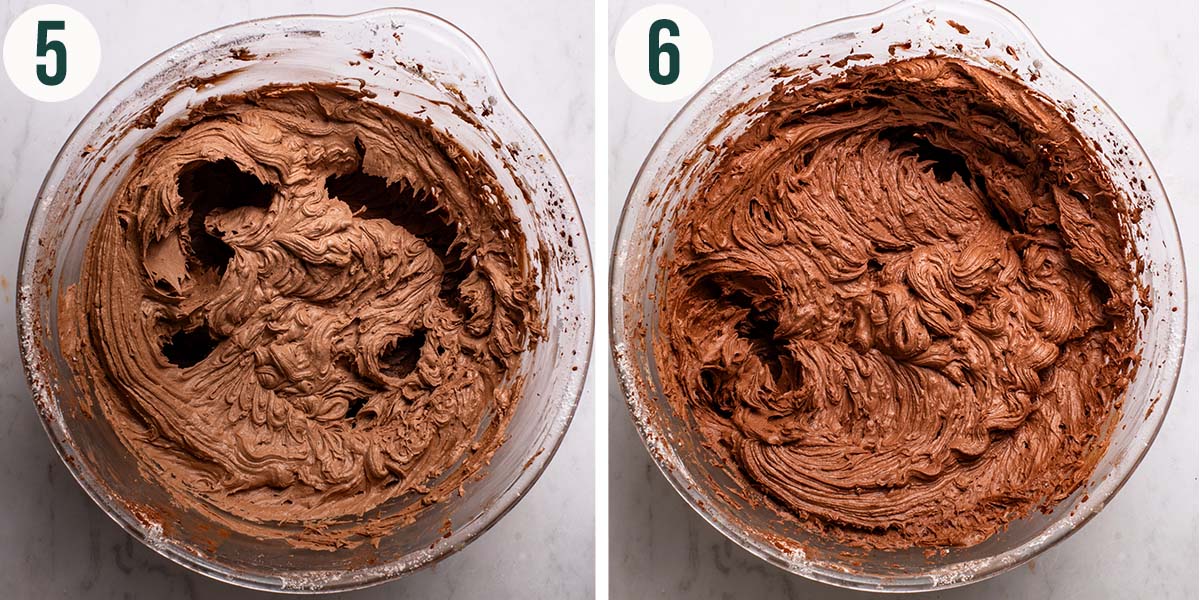 Frosting steps 5 and 6, before and after melted chocolate added.
