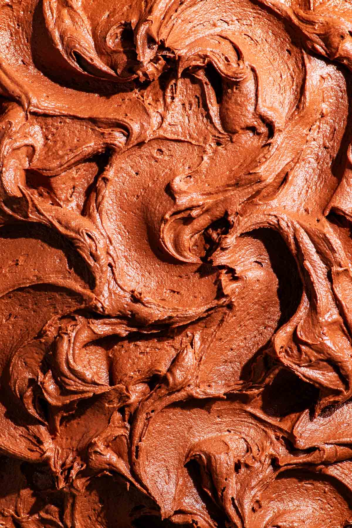Close up of chocolate frosting swirls.