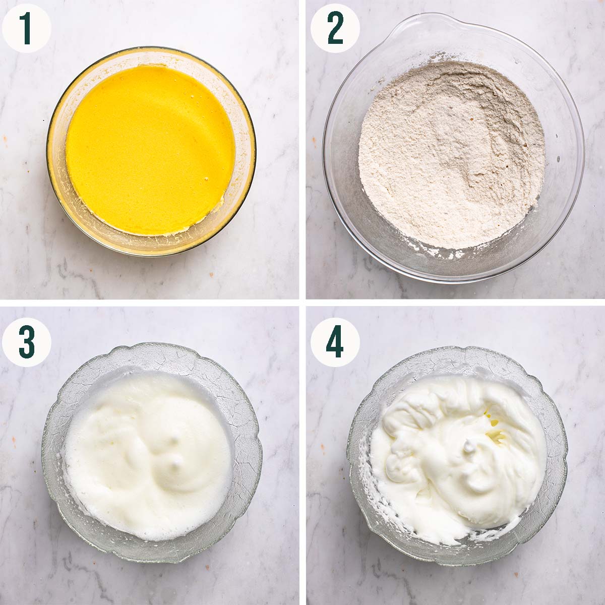 Cake steps 1 to 4, egg yolks whipped, dry ingredients sifted, and egg yolks before and after beating.