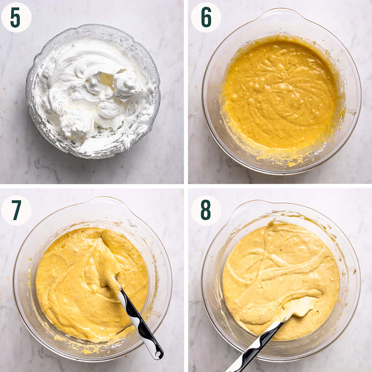 Cake steps 5 to 8, whipped egg whites, egg yolk batter, folding in egg whites, completely folded in.