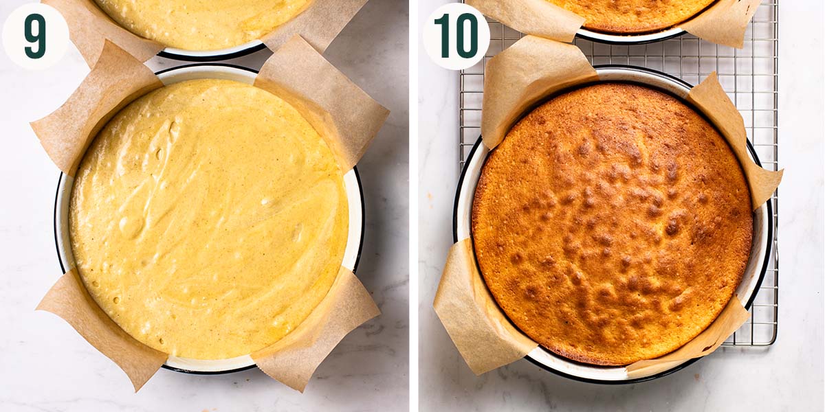 Cake steps 9 and 10, before and after baking.