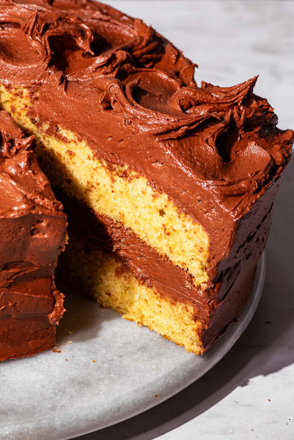 Chocolate frosted layer cake on a marble serving tray.