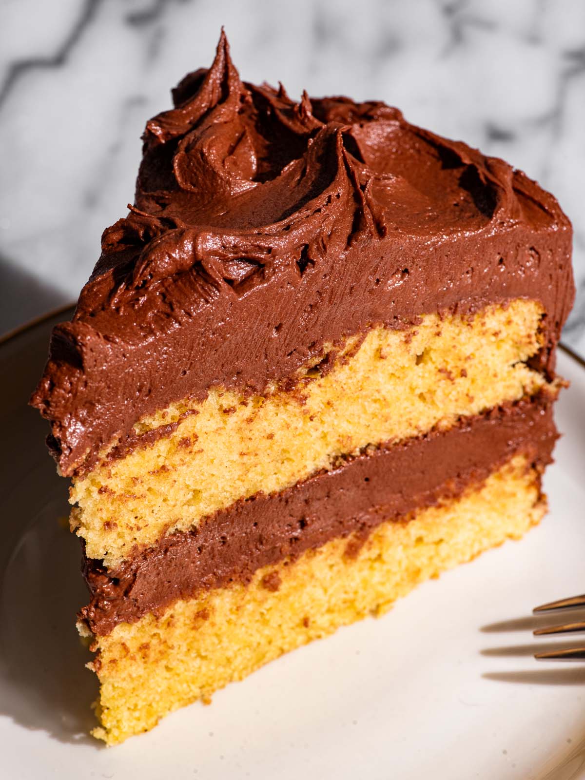 A slice of vanilla layer cake with chocolate frosting on a plate.