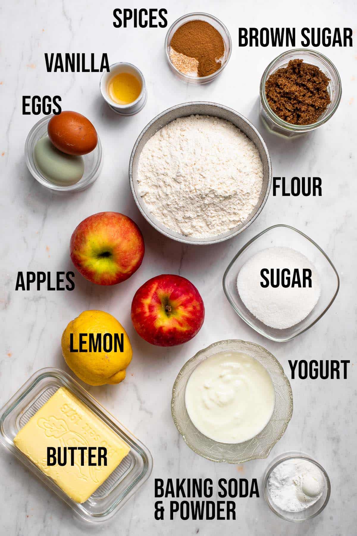 Apple coffee cake ingredients with labels.