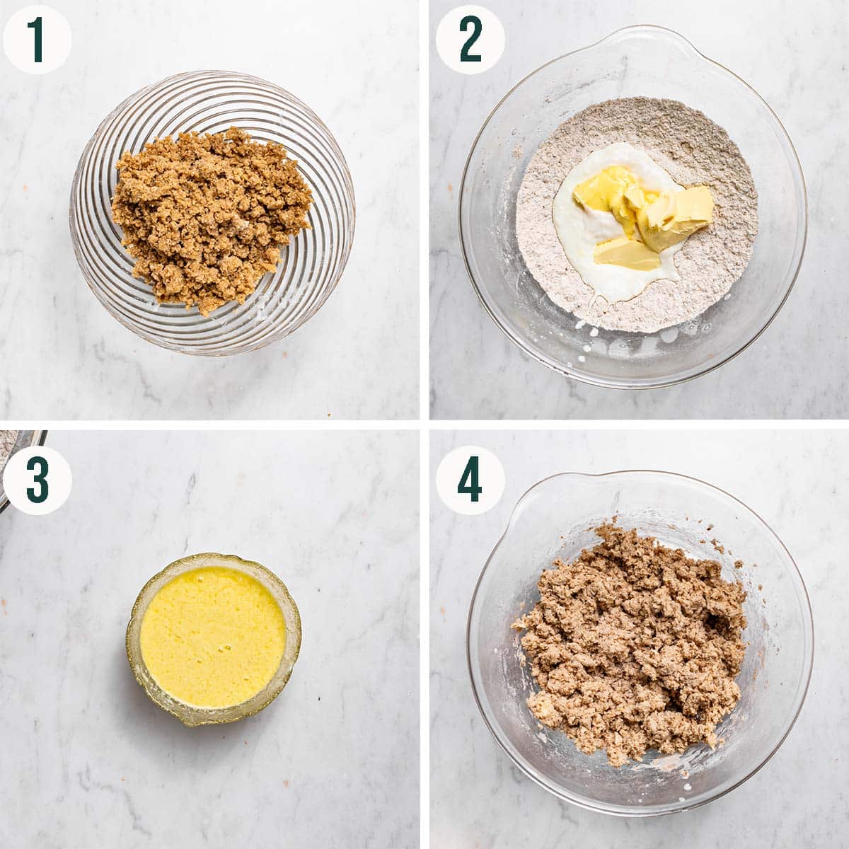 Cake steps 1 to 4, with streusel in a bowl, butter and yogurt in dry ingredients, yogurt mixture, and cake batter.