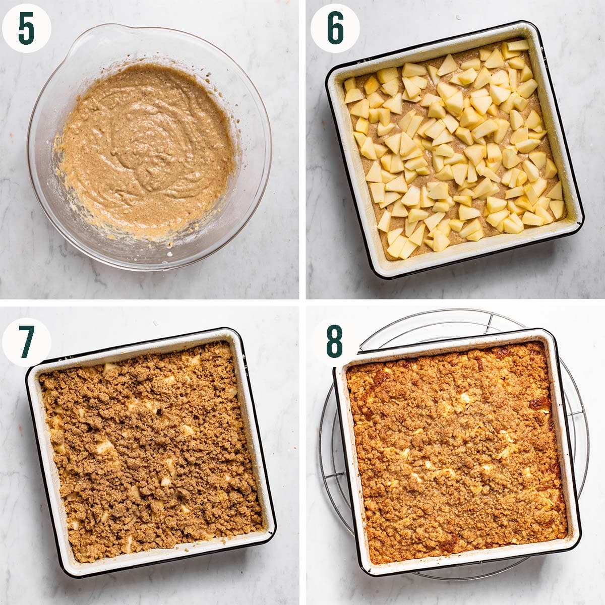 Cake steps 5 to 8, finished cake batter, apple pieces added, and cake before and after baking.