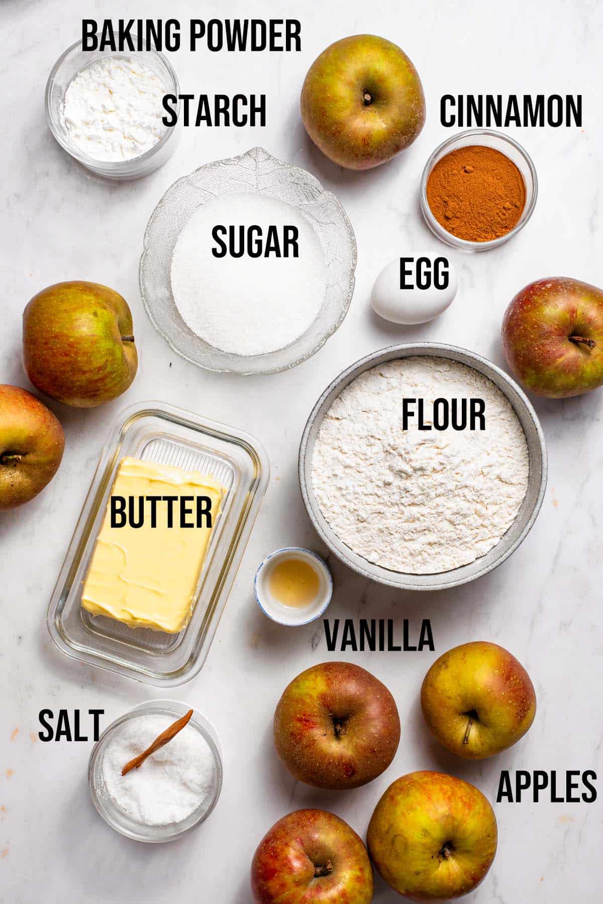 Dutch apple pie ingredients with labels.