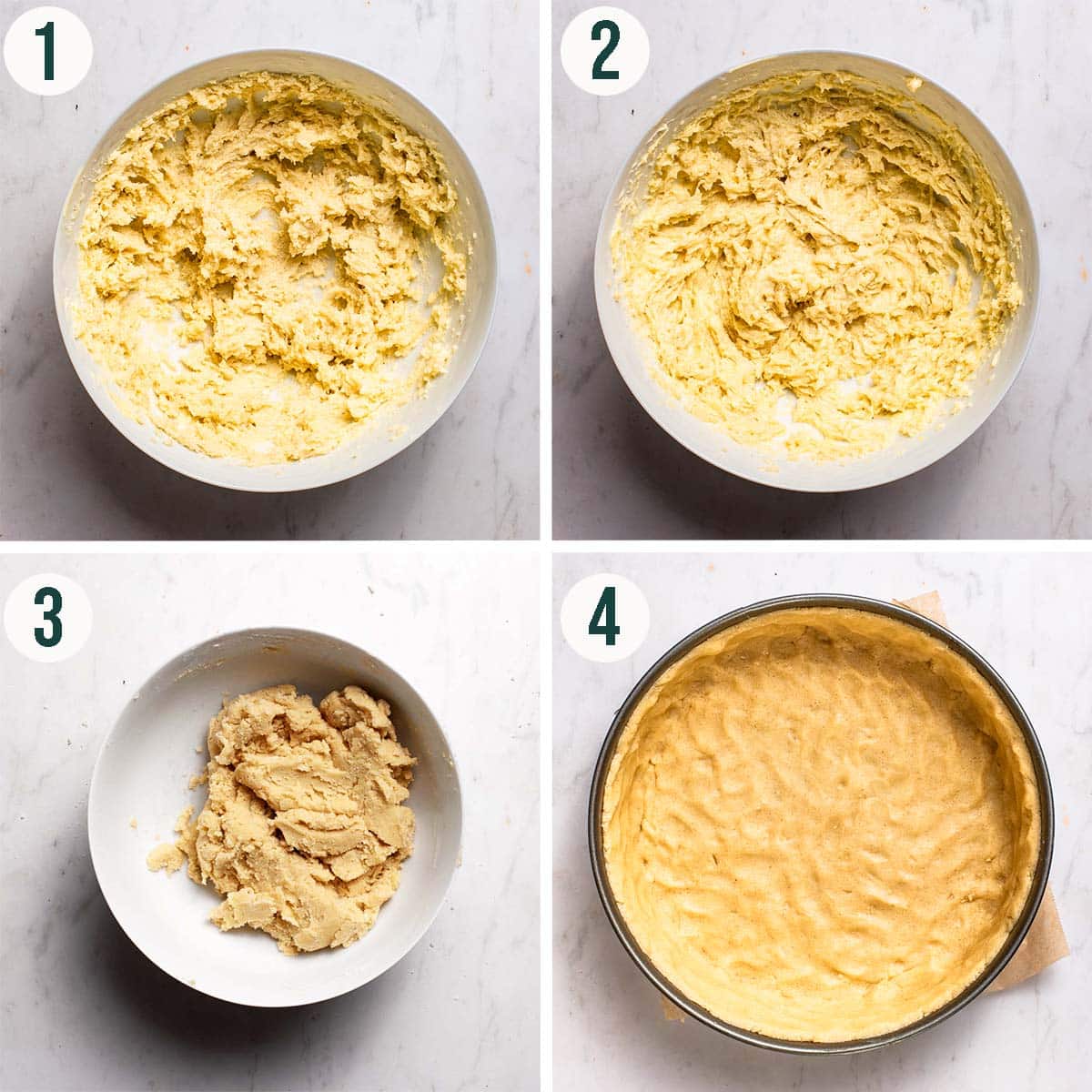 Pie steps 1 to 4, creamed butter, with sugar, finished pastry, pressed into the tin.