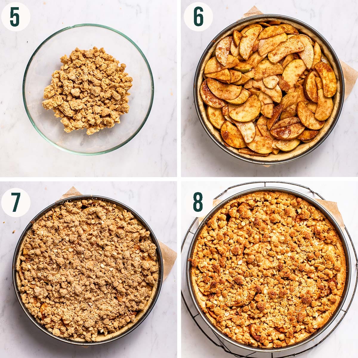 Tart steps 5 to 8, crumble mixed, apples added, before and after baking.