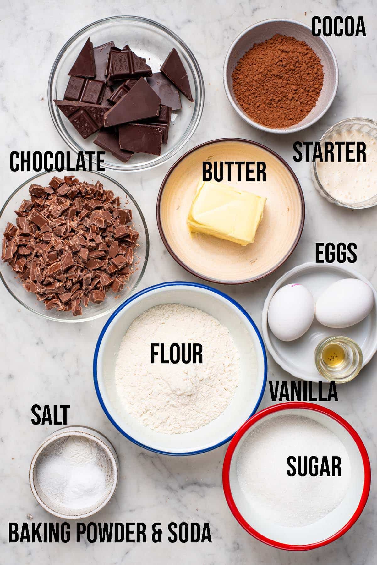 Chocolate sourdough cookies ingredients with labels.