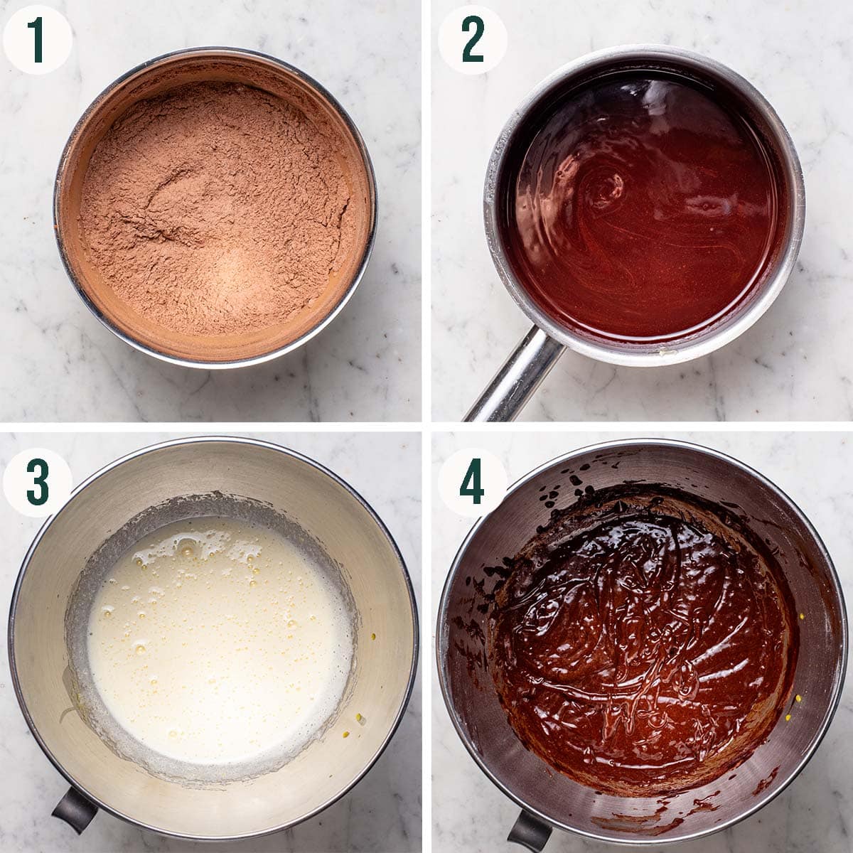 Cookies steps 1 to 4, dry ingredients mixed, chocolate melted, wet ingredients mixed, with melted chocolate added.