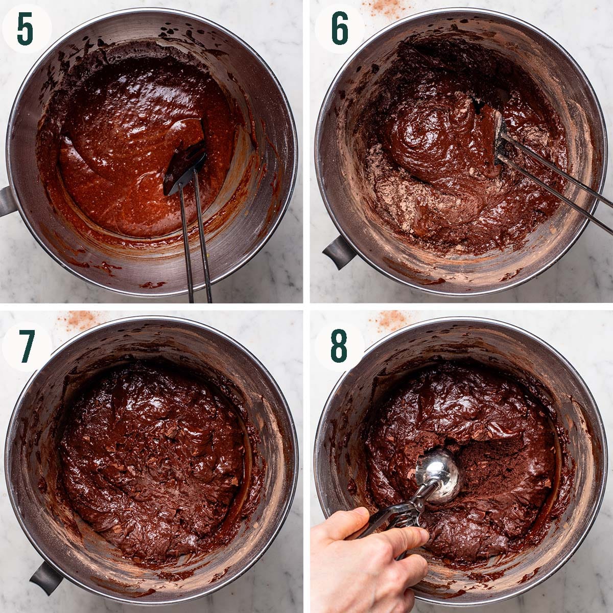 Cookie dough steps 5 to 8, before and after flour is added, with chocolate mixed in, and scooping the dough.
