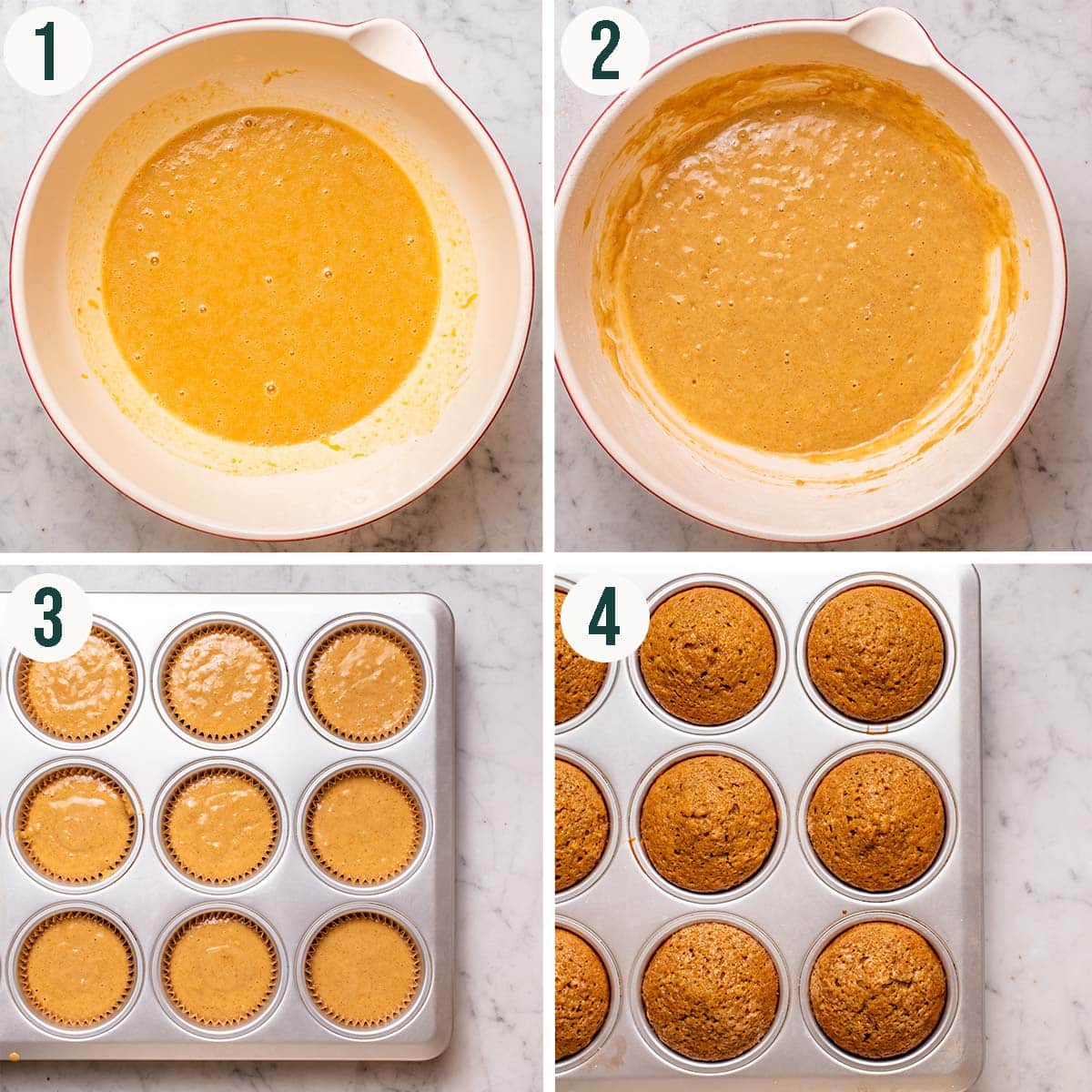 Muffins steps 1 to 4, wet ingredients mixed, finished batter, muffins before and after baking.
