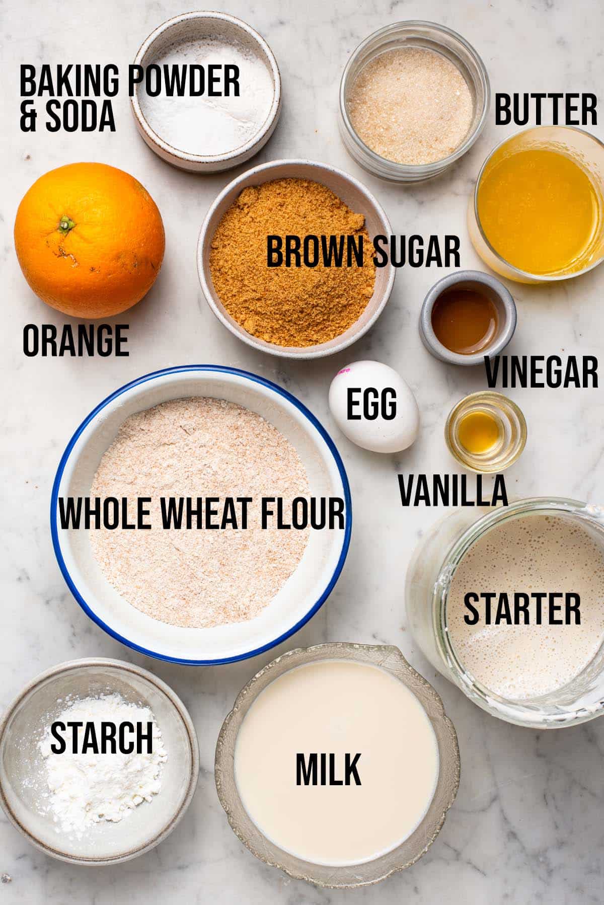 Whole wheat sourdough muffins ingredients with labels.