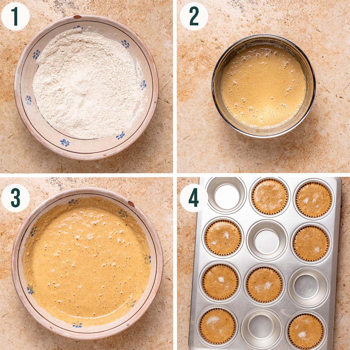 Muffins steps 1 to 4, dry ingredients mixed, wet ingredients mixed, finished batter, and muffins before baking.