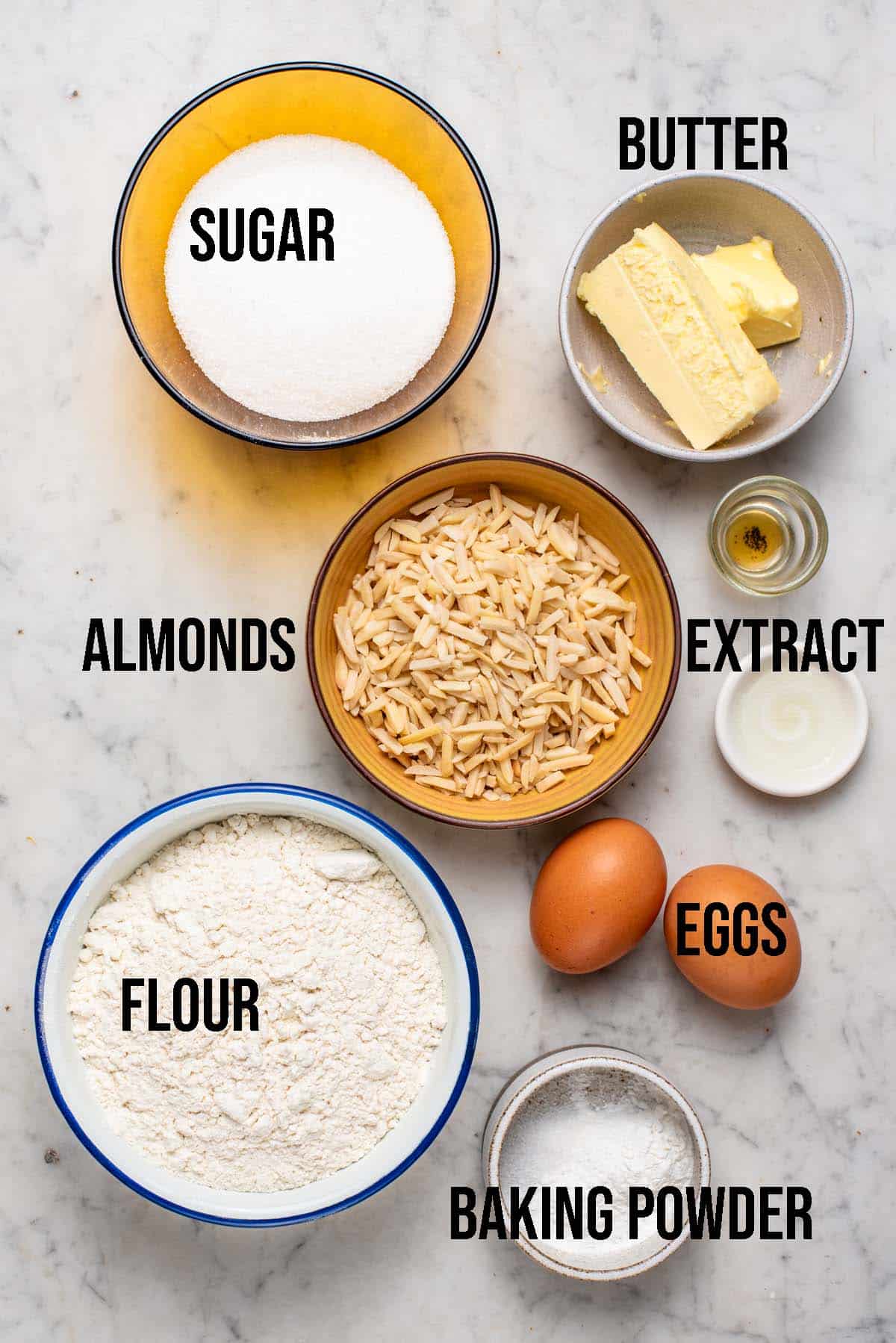 Almond biscotti ingredients with labels.