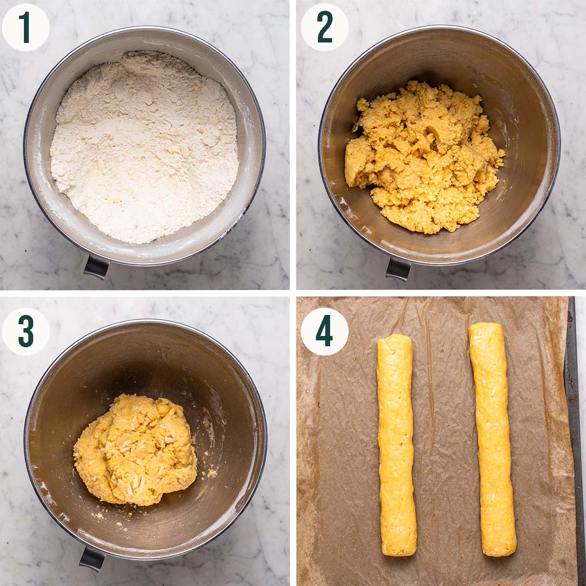 Biscotti steps 1 to 4, dry ingredients mixed, with butter, formed into a ball, and formed into ropes.