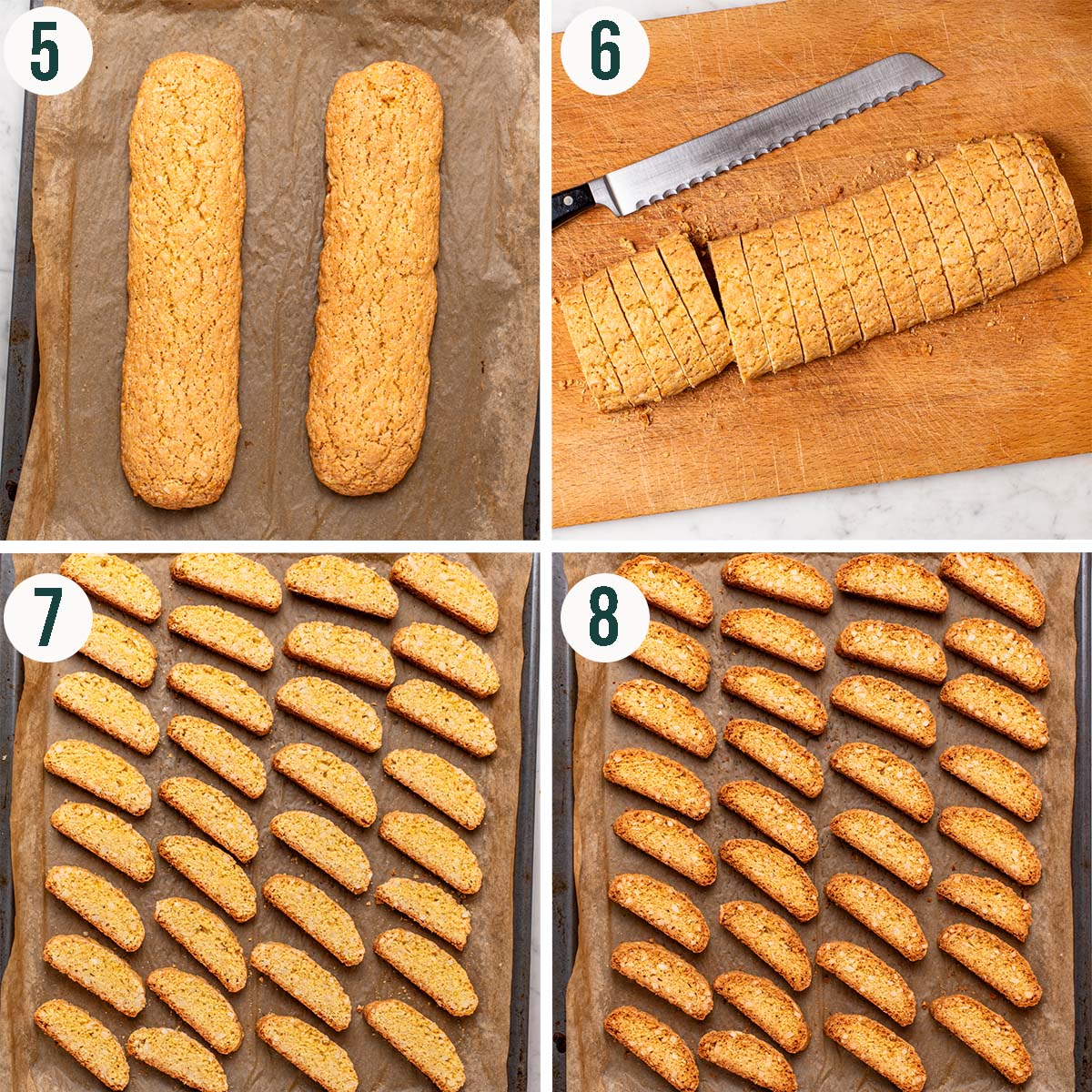 Biscotti steps 5 to 8, after first bake, sliced, slices before and after baking.