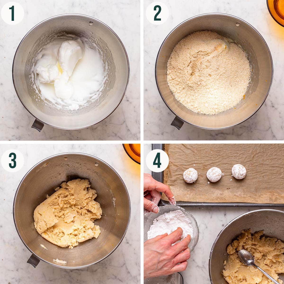 Cookies steps 1 to 4, beaten egg whites, almonds added, mixed dough, and rolling in icing sugar.