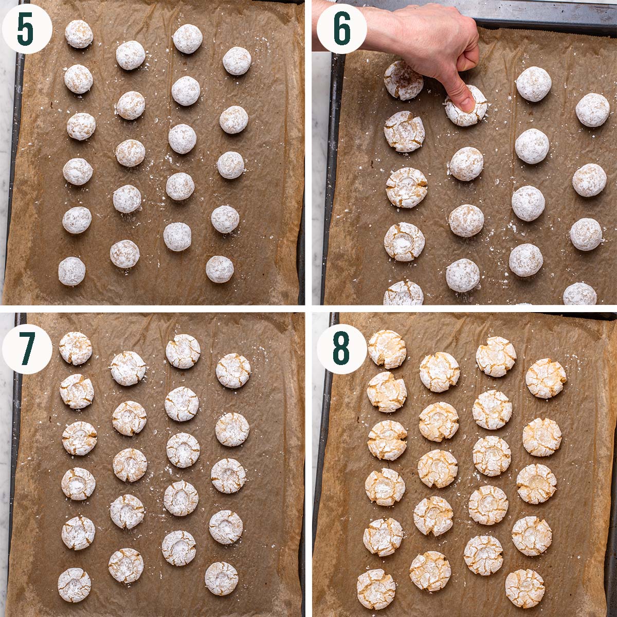 Cookies steps 5 to 8, rolled into balls, pressing with a thumb, before and after baking.