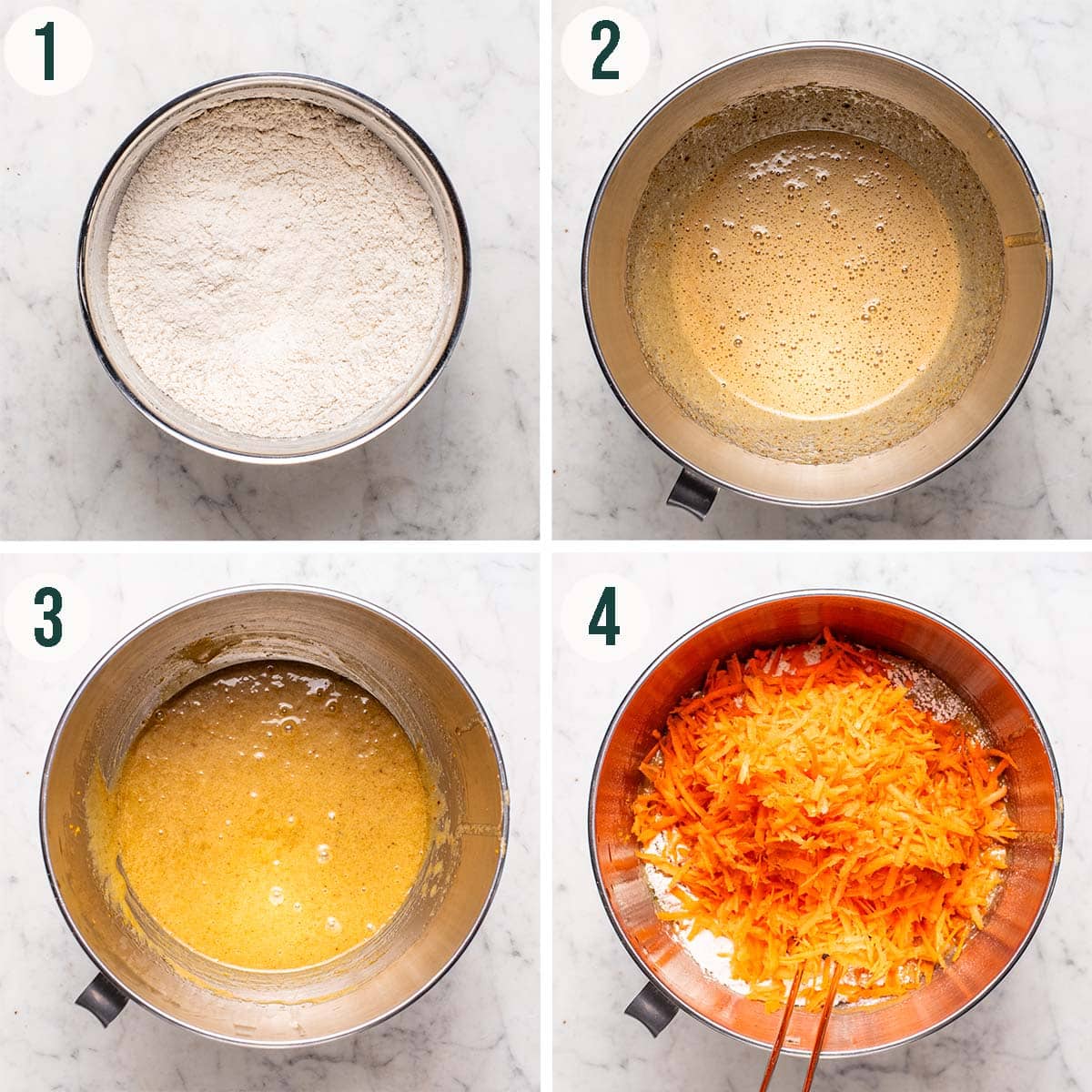 Cake steps 1 to 4, dry ingredients mixed, eggs and sugar mixed, mixed batter, and carrots added.