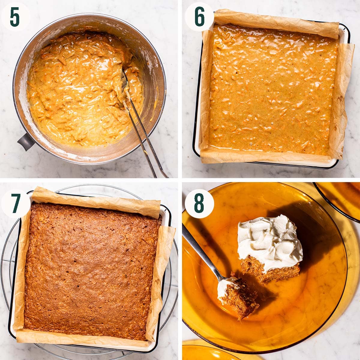 Cake steps 5 to 8, finished batter, before and after baking, and frosted on a plate.