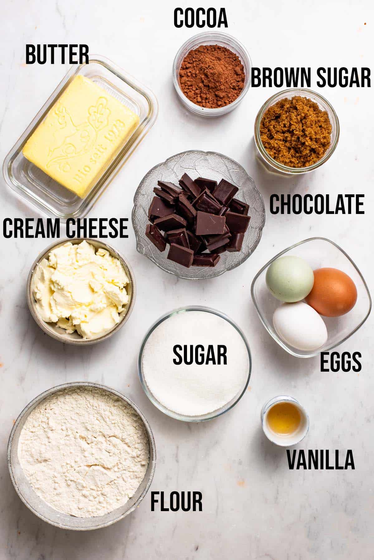 Cream cheese brownies ingredients with labels.