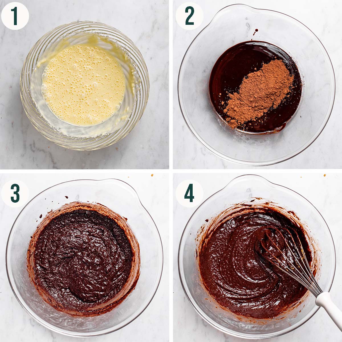 Brownies steps 1 to 4, with cream cheese mixture, melted butter and chocolate, with sugar added, and wet ingredients mixed.