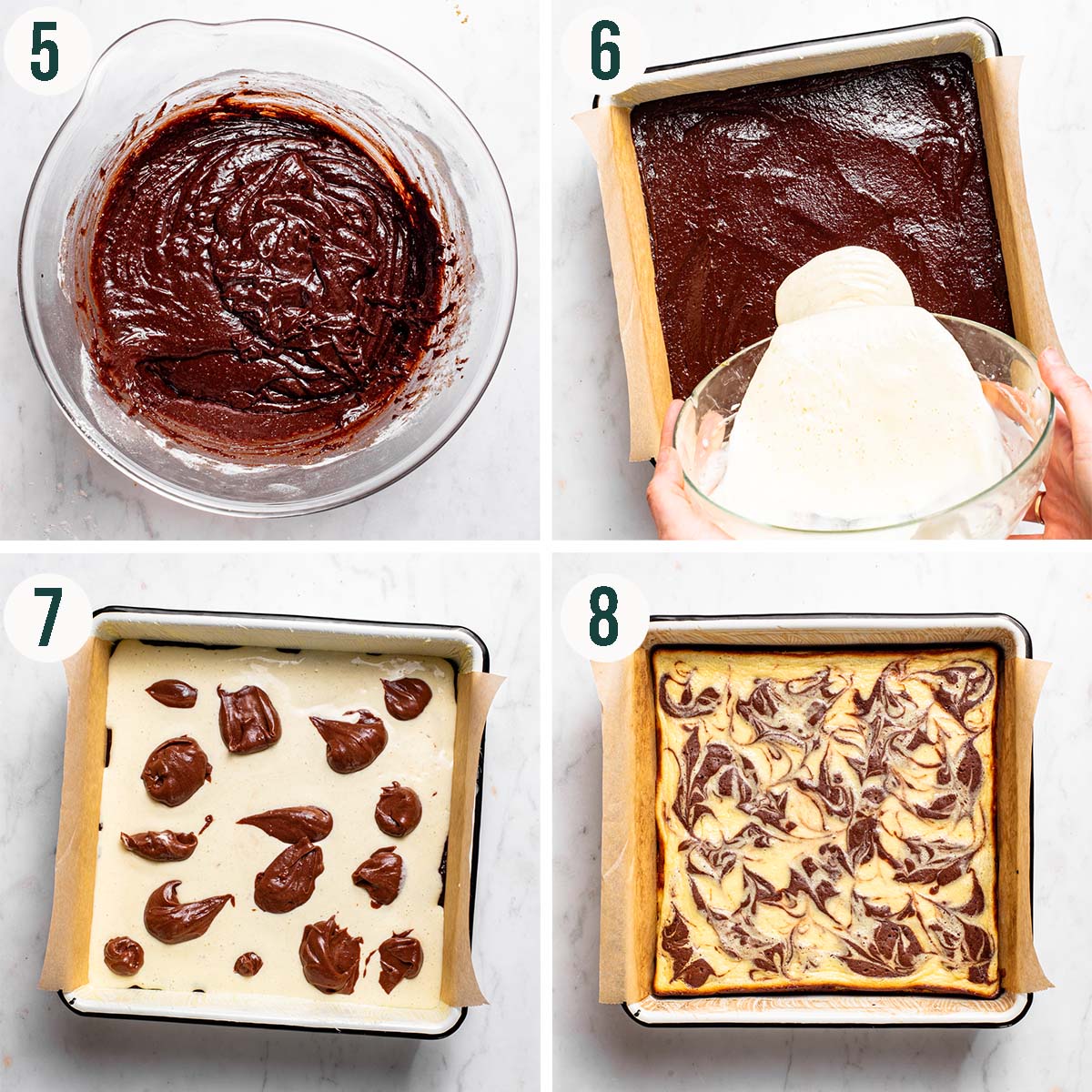 Brownies steps 5 to 8, finished batter, pouring cream cheese onto batter, with brownie batter, and swirled together.