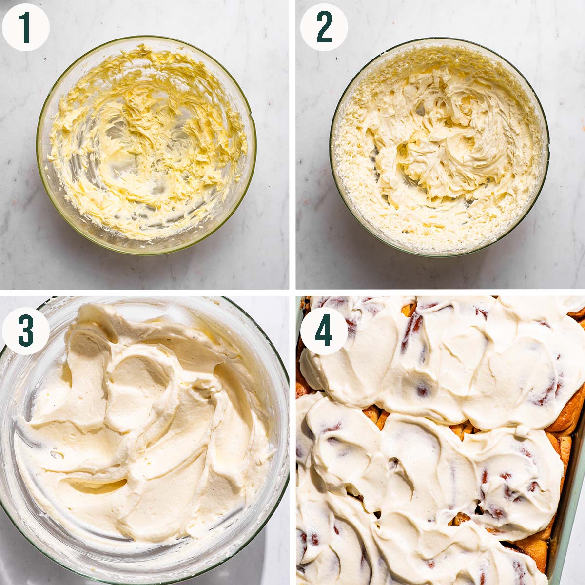 Frosting steps 1 to 4, butter creamed, with sugar added, finished frosting, and on cinnamon rolls.