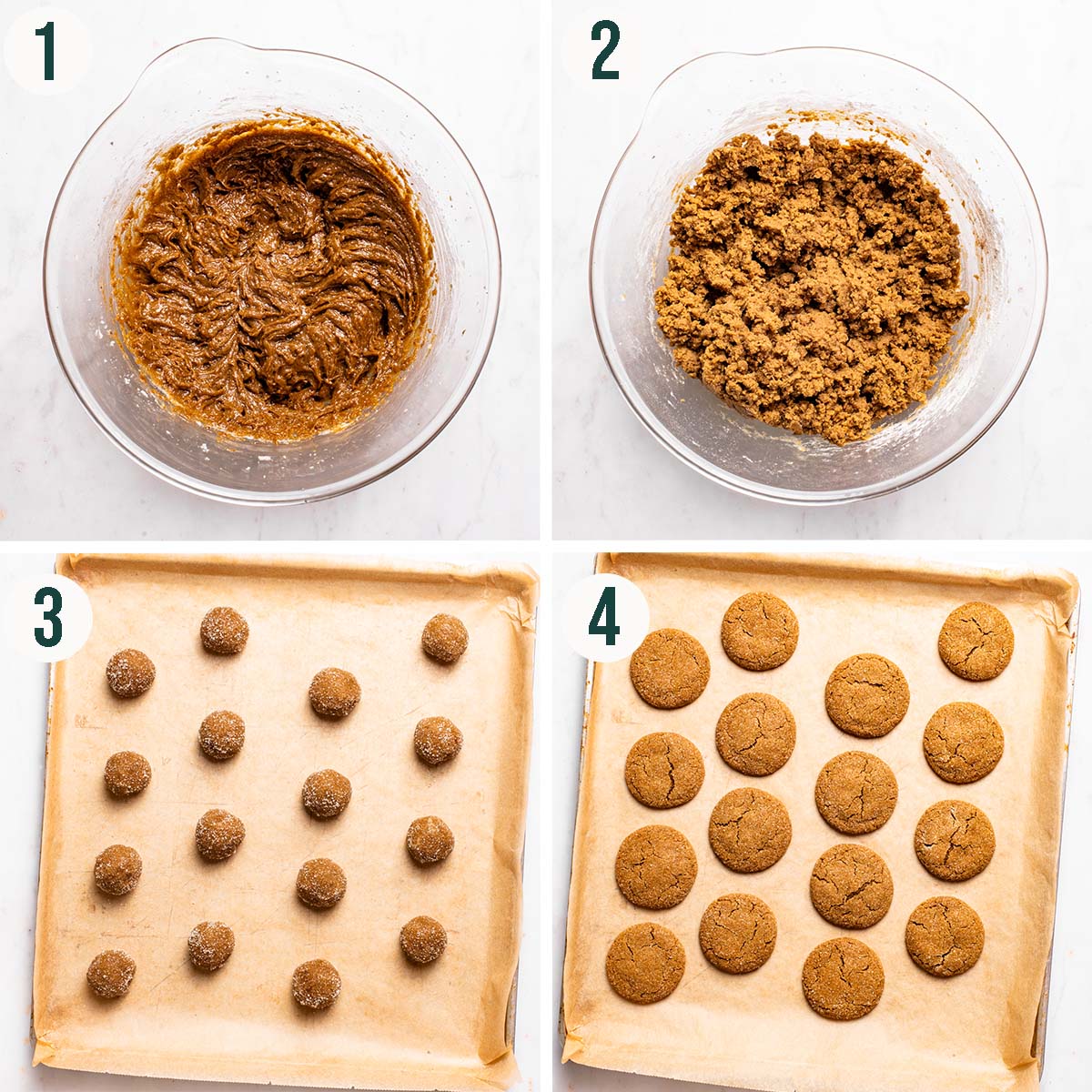 Cookies steps 1 to 4, molasses and oil mixed, mixed dough, and cookies before and after baking.