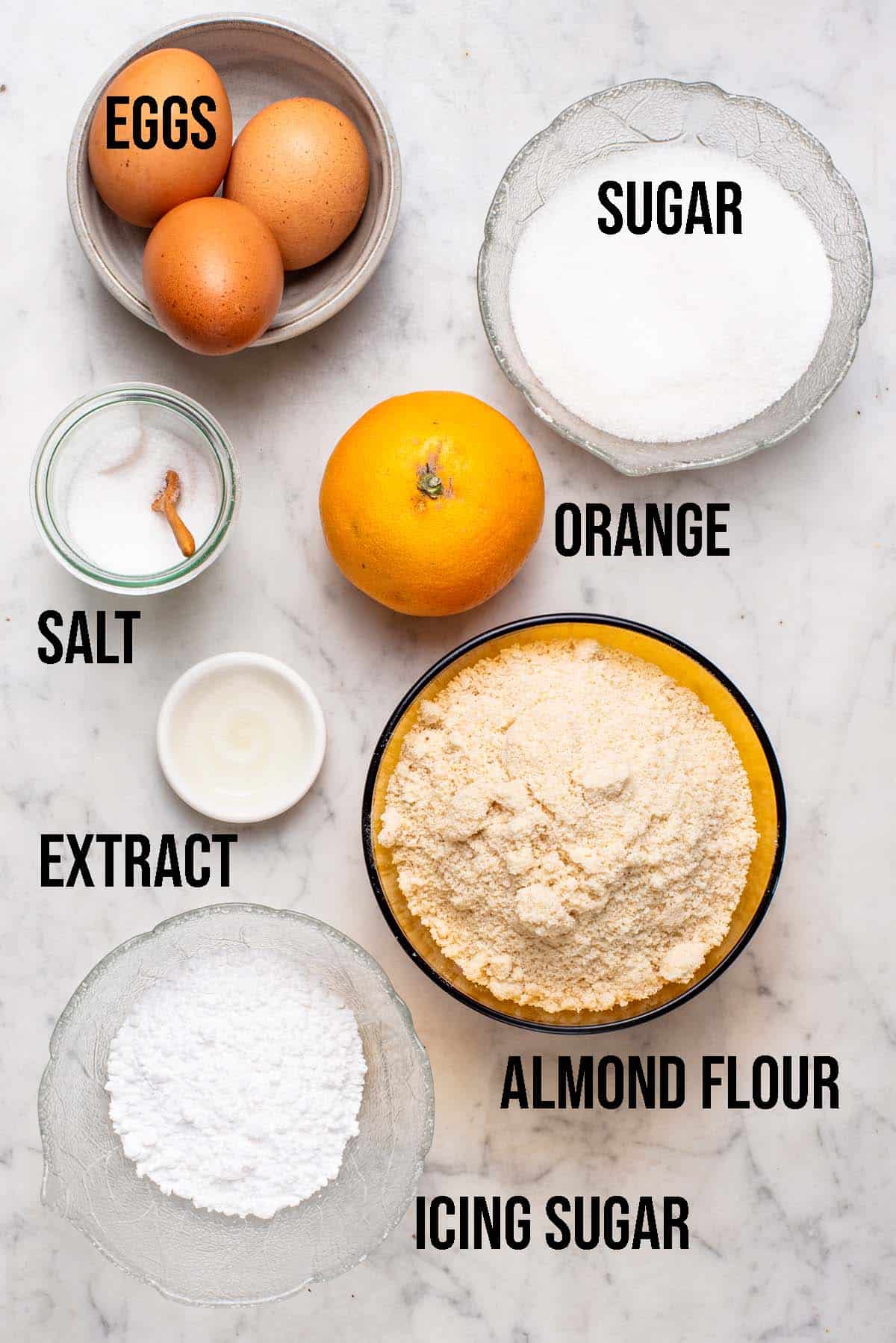 Amaretti cookies ingredients with labels.