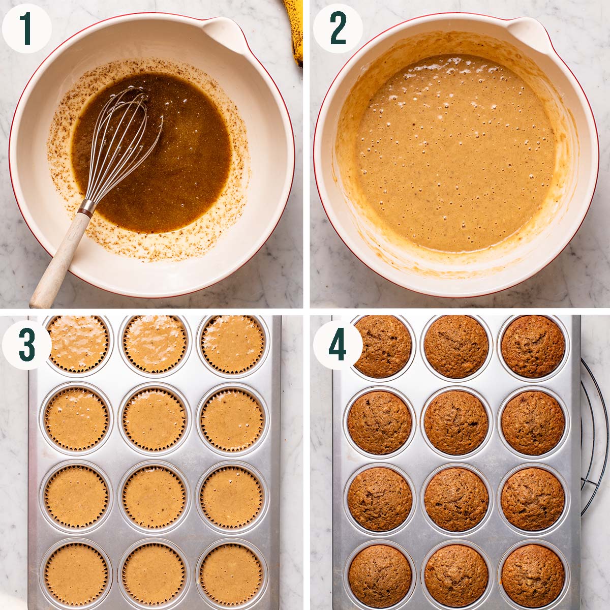 Muffins steps 1 to 4, liquid ingredients mixed, finished muffin batter, and before and after baking.