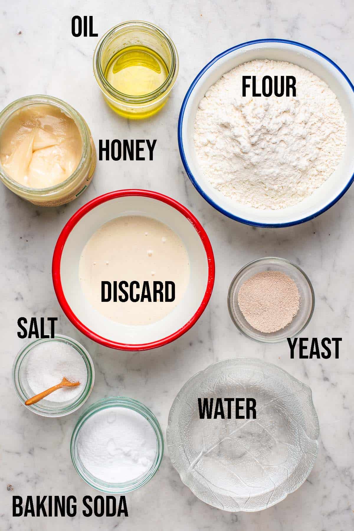 Sourdough discard pretzel bites ingredients with labels.