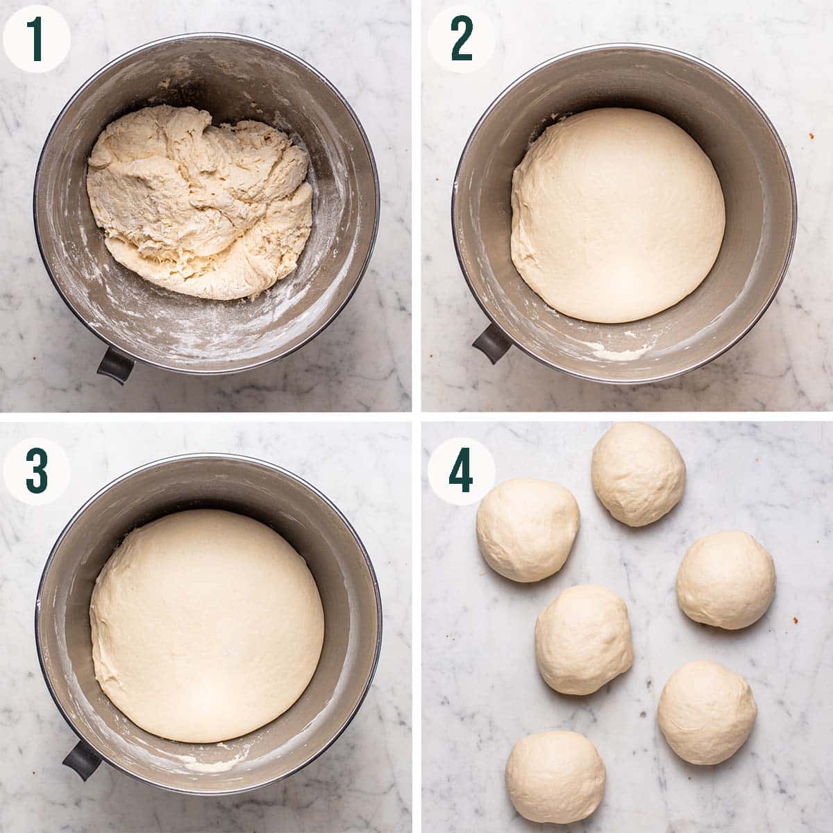 Pretzel dough steps 1 to 4, dough after mixing, after kneading, after rising, and divided into balls.